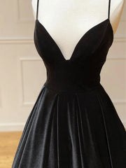 Black Velvet Long A-line Low Back Prom Dress Black V Neck Wedding Party Dress prom dresses shops