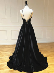 Black Velvet Long A-line Low Back Prom Dress Black V Neck Wedding Party Dress prom dresses shops