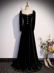 Black Velvet Long Sleeve Square Beading Prom Dress