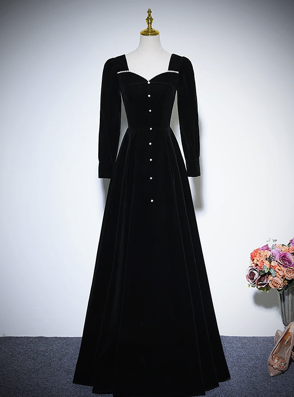 Black Velvet Long Sleeve Square Neck Prom Dress