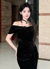 Black Velvet Mermaid Off Shoulder Long Party Dress, Black Velvet Prom Dress