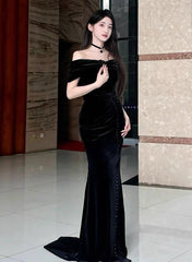 Black Velvet Mermaid Off Shoulder Long Party Dress, Black Velvet Prom Dress