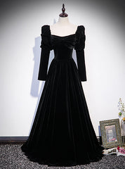 Black Velvet Square Bow Long Sleeve Prom Dress