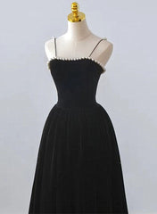 Black Velvet Straps Tea Length Party Dress, Black Velvet Homecoming Dress