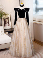 Black Velvet Tulle Off the Shoulder Pearls Prom Dress