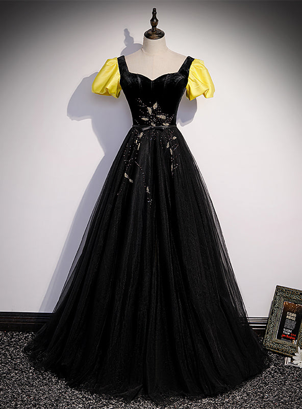 Black Velvet Tulle Square Short Sleeve Prom Dress