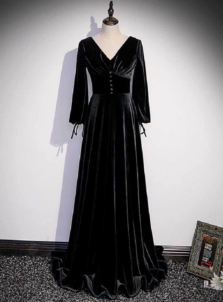 Black Velvet V-neck Long Sleeve Button Prom Dress