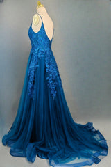 Blue A-line V Neck Prom Dresses Spaghetti Straps Sweep Train Tulle Evening Dresses With Appliqued