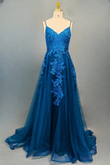 Blue A-line V Neck Prom Dresses Spaghetti Straps Sweep Train Tulle Evening Dresses With Appliqued