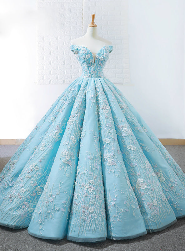 Blue Ball Gown Off The Shoulder Appliques Haute Couture Wedding Dress