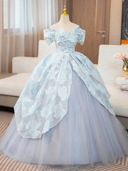 Blue Ball Gown Print Tulle Off the Shoulder Quinceanera Dress