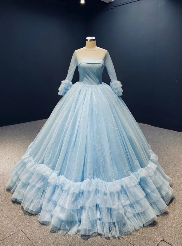 Blue Ball Gown Sequins Tulle Long Sleeve Pleats Prom Dress