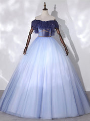 Blue Ball Gown Tulle Off the Shoulder Quinceanera Dress