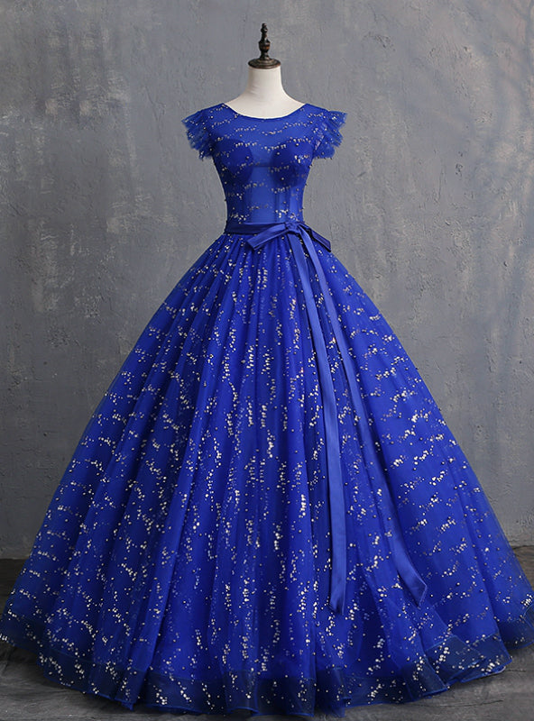 Blue Ball Gown Tulle Sequins Open Back Quinceanera Dresses With Sash