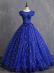 Blue Ball Gown Tulle Sequins Open Back Quinceanera Dresses With Sash