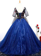 Prom Dress Long Beautiful, Blue Ball Gown Tulle with Lace Short Sleeves Party Dress, Blue Sweet 16 Dress