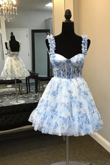 Blue Floral Printed Spaghetti Straps A-Line Short Corset Homecoming Dress