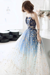 Blue Gradient Beaded A-line Floor Length Party Dress, Blue Tulle Prom Dress