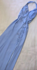 Blue Halter A Line Long Prom Dress Chic Beeaded Formal Party Dress Evening Gown