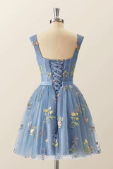 Blue Knee Length Tulle Party Dress, Cute Blue  Floral Tulle Homecoming Dress