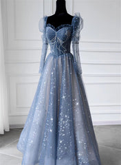 Prom Dresses For Warm Weather, Blue Long Sleeves Sweetheart Beaded Tulle Formal Dress, Blue A-line Prom Dress