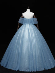 Formal Dresses Elegant Classy, Blue Off-the-Shoulder Sequin Tulle Lace Sleeveless Lone Prom Dresses,Sweet 16 Gown