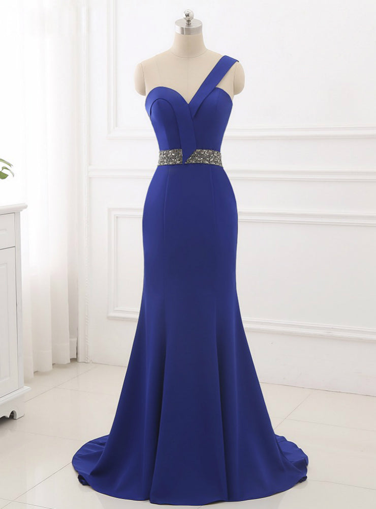 Blue One Shoulder Mermaid Satin Evening Dresses With Beading