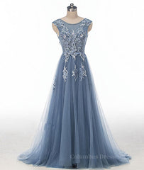 Party Dress Code, Blue round neck tulle lace applique long prom dress, blue evening dress