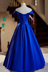 Blue Satin Floor Length Prom Dress, Elegant A-Line Evening Party Dress