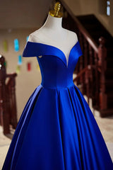 Blue Satin Floor Length Prom Dress, Elegant A-Line Evening Party Dress