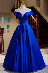 Blue Satin Floor Length Prom Dress, Elegant A-Line Evening Party Dress