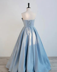 Blue Satin Long A-line Party Dress Prom Dress Blue Floor Length Evening Dress prom dresses shops