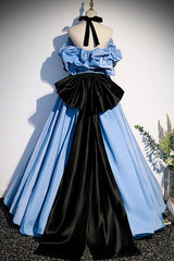 Party Dress Code Ideas, Blue Satin Long Prom Dress, Off the Shoulder Formal Evening Dress