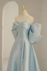 Prom Dresses Princesses, Blue Satin Long Prom Dress with Big Bow, Blue A-Line Evening Party Dress