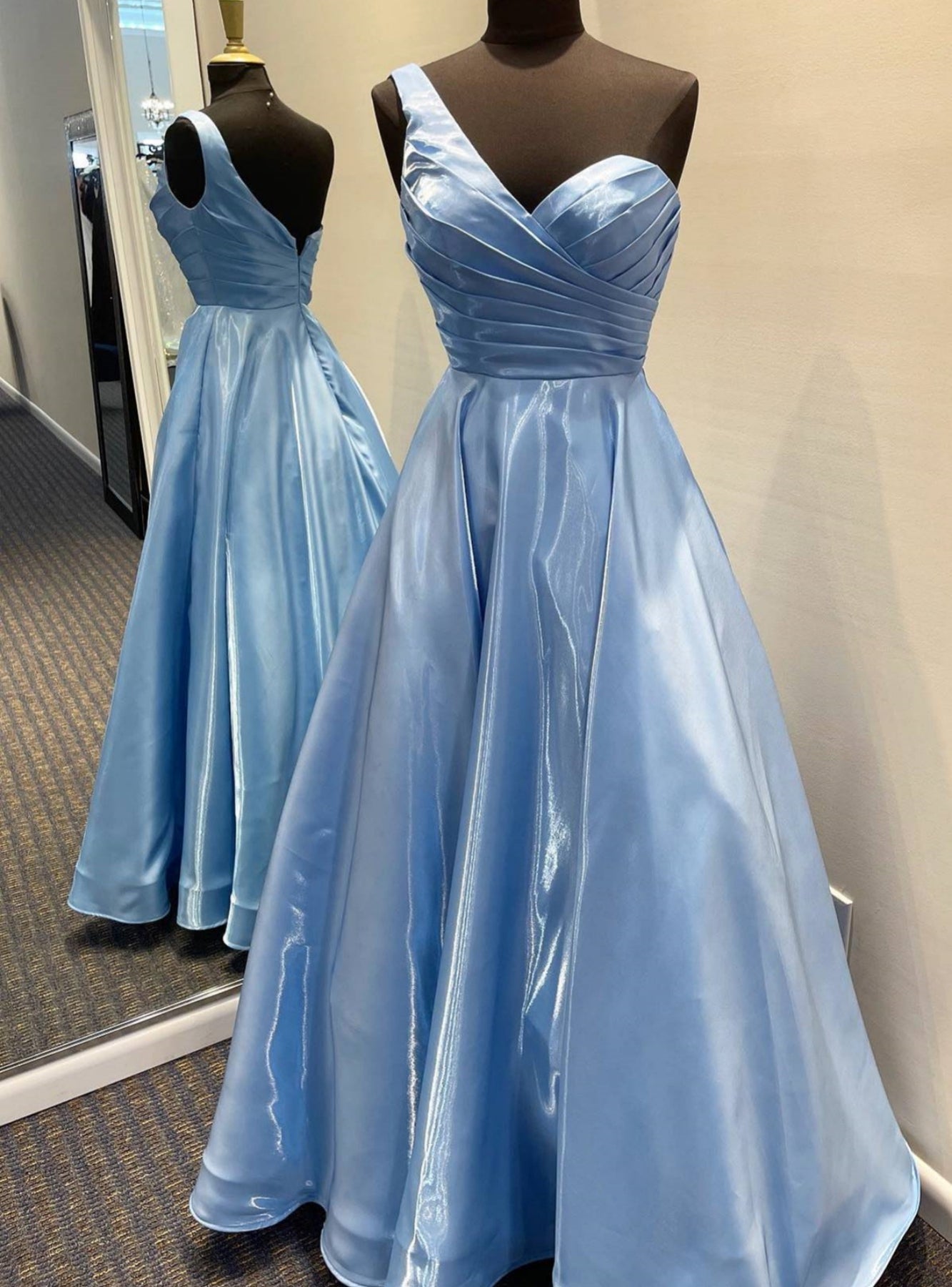 Blue Satin One Shoulder Pleats Prom Dress