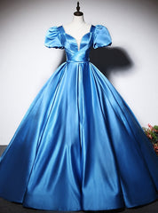 Blue Satin Puff Sleeve Pearls Quinceanera Dress