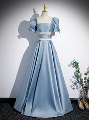 Blue Satin Puff Sleeve Square Beading Prom Dress