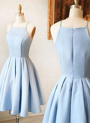 Blue Satin Short Halter Prom Dress Light Blue Short Homecoming Dress prom dresses shops