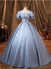 Blue Satin Square Puff Sleeve Appliques Quinceanera Dress