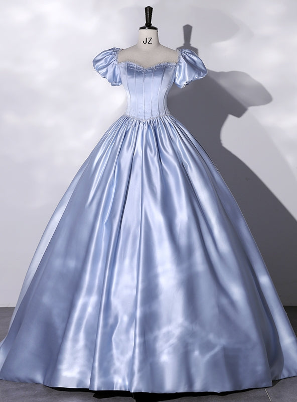 Blue Satin Square Puff Sleeve Beading Quinceanera Dress