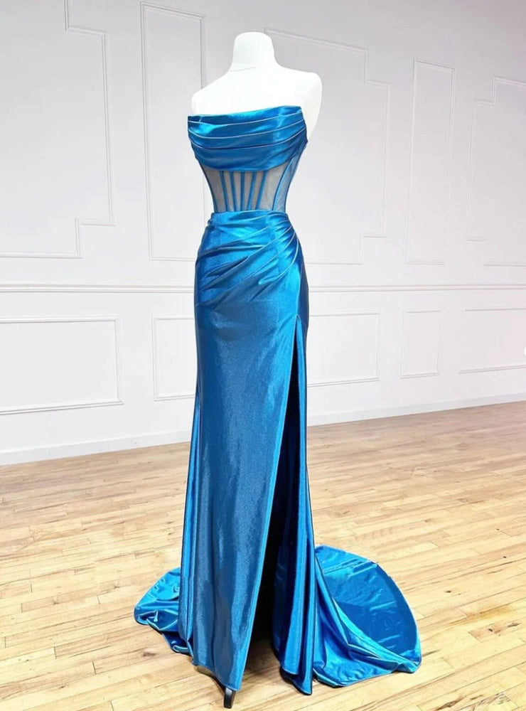 Blue Satin Strapless Pleats Split Prom Dress