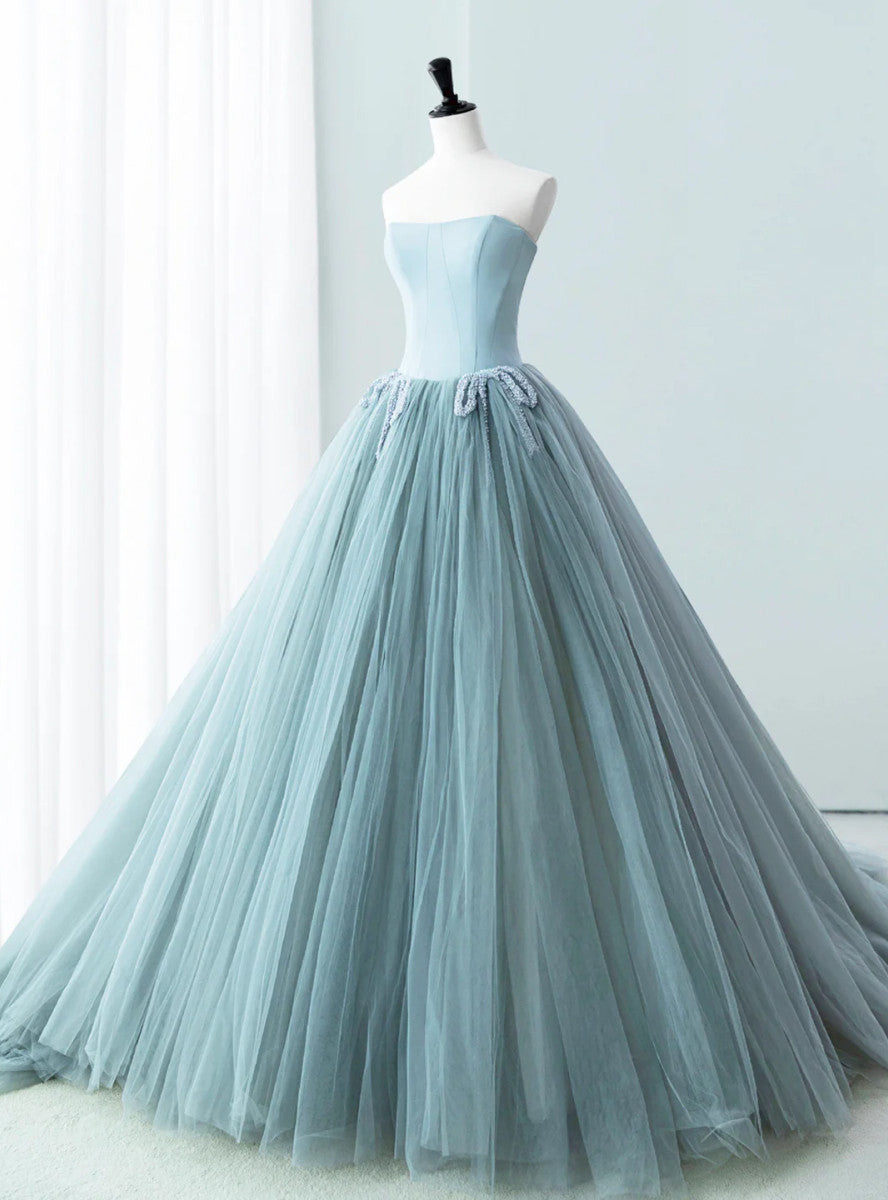 Blue Satin Tulle Strapless Beading Prom Dress