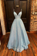 Prom Dress Patterns, Blue Sequins Long A-Line Prom Dress, V-Neck Shiny Evening Party Dress