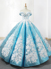 Blue Sequins Off The Shoulder Floor Length Appliques Wedding Dress