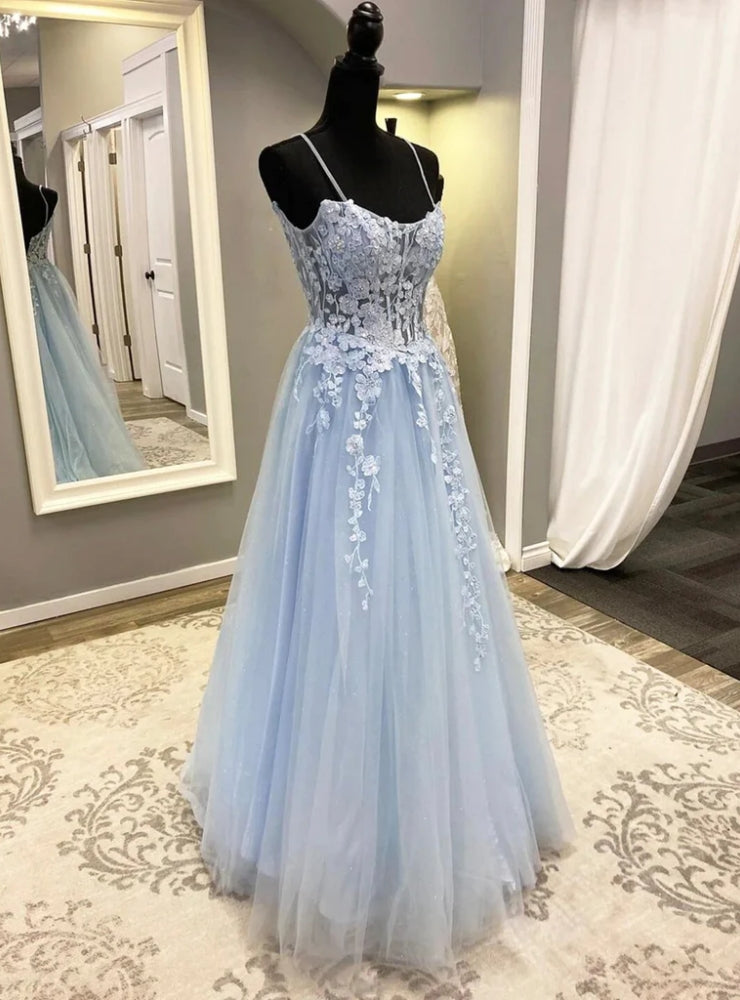 Blue Spaghetti Strap Tulle Appliques Prom Dress