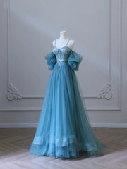 Blue Sweetheart Off Shoulder Long Party Dress, Blue Tulle Prom Dress