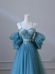 Blue Sweetheart Off Shoulder Long Party Dress, Blue Tulle Prom Dress