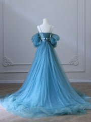 Blue Sweetheart Off Shoulder Long Party Dress, Blue Tulle Prom Dress