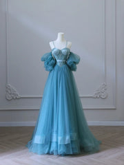 Blue Sweetheart Off Shoulder Long Party Dress, Blue Tulle Prom Dress