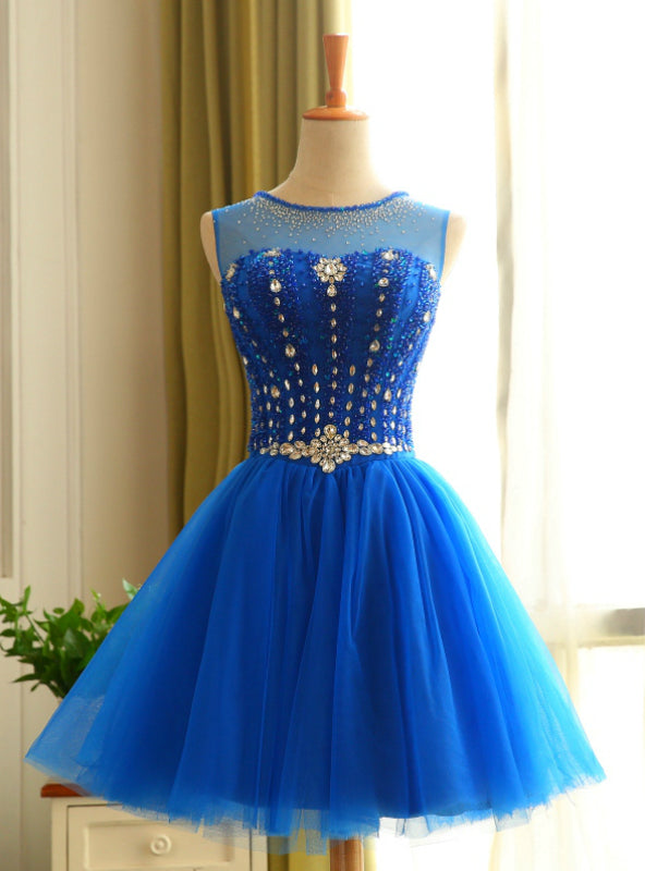 Blue Tulle Knee Length Backless Beading Homecoming Dress